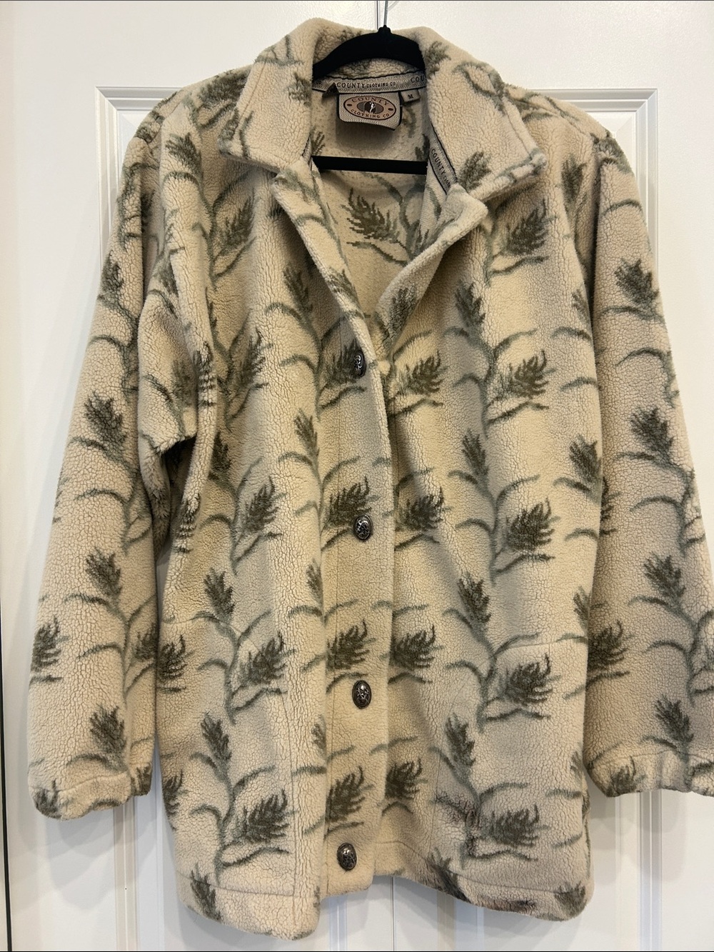 Vintage Cozy Sherpa Button-Front Jacket - Cream with Green Pine Print